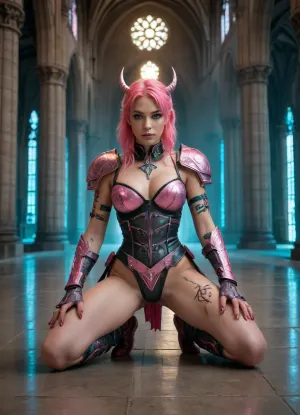 A hyperrealistic, cinematic photograph in a cyber-gothic style, set in a vast, light-filled Gothic cathedral. The scene is dominated by massive stone pillars, an ornate vault, and luminous, modern neon strips in pink and cyan that follow the architectural lines. At the center stands an imposing, bearded Norse warrior in detailed leather and fur armor, arms folded, a solemn expression on his face. His armor is adorned with glowing cyber runes. At his feet kneels a small, delicate demoness with luminous green eyes, pinkish-green hair, and a red ribbon. She wears a pink patent leather outfit, is tattooed, and gazes upward with a provocative smile. A long sword with a rune-carved blade lies beside her. The stone floor is covered in luminous cyber runes and pools of a dark, reflective liquid. The lighting is dramatic, with a play of soft ambient light and intense neon accents.