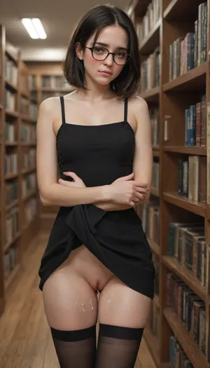 One girl, black hairs, glasses, black short dress, nude pussy, no panties, black stocking, in library, (embarrassed:1.5), cum on thighs