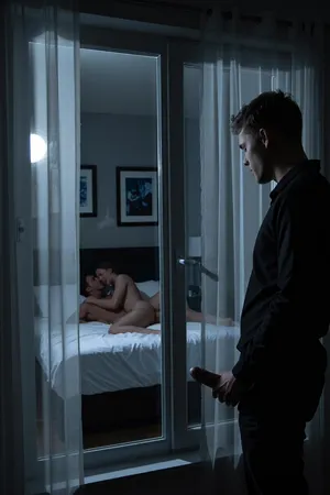 Secret Fenster Blick: ein Mann beobachtet sein glückliches Ehepaar in Mondlit Intimacy
