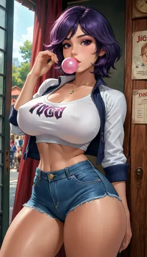 Go go Tomago from big hero 6, reiq style, huge breasts, big thighs, bubble gum, makeup, black and purple hair, <lora:LCMTurboMix_Euler_A_fix:.8>