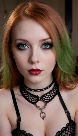 ((Petite), , :1.5), (young, 18yo, 18 year old, girl-next-door), ((dark room, candles, candle lighting, low lighting, sex dungeon, chains)), bdsm, very pale skin, (redhead hair, very long, straight, hair), (detailed face, bright green eyes, dimples, lips, big eyelashes), (dark make up, black eyeshadow, black lipstick, heavy make up), chest, (fishnet stockings, black, gothic, goth girl, choker, harness, kinky), harness, garter, straps, cupless, bra