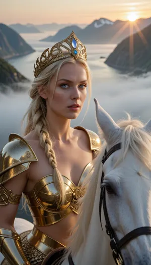8k hyper-realistic cinematic portrait. A medium-shot of a stunningly beautiful blonde Valkyrie with porcelain skin and piercing ice-blue eyes, riding her white stallion as they soar above a foggy Scandinavian fjord. Her face is a masterpiece of classical beauty, with high cheekbones and a fierce, divine expression, captured in sharp detail. She wears an ornate, high-gloss golden tiara and divine golden armor that scintillates with a warm, celestial glow. The rising sun hits her face, creating a soft, golden radiance on her skin and making her long, braided blonde hair shimmer. The background shows the misty peaks of the fjord and the sunrise breaking through the fog in a soft bokeh blur, keeping the focus entirely on her face and the horse's head. Divine volumetric lighting, 'God rays' highlighting the texture of the gold and the fine details of her features. 50mm lens, f/1.8, razor-sharp focus on the eyes. High-fashion mythological aesthetic, ethereal and powerful.
