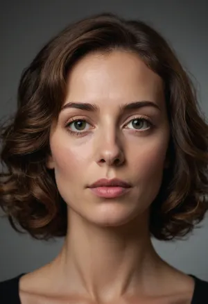 Ultra-detailed photorealistic portrait of a mature European woman, age 35, with long vertical facial proportions, subtle asymmetry, intelligent academic appearance, and emotionally observant gaze. Narrow elongated oval face, visually “pulled downward” rather than wide. High forehead, relatively flat cheekbones without glamorous volume, soft narrow jawline, small rounded chin. Face length noticeably greater than width, creating a refined intellectual silhouette rather than a fashion-model look. Fair neutral-warm skin with realistic mature texture, soft pores, faint under-eye folds, visible nasolabial structure, natural age lines, authentic mature beauty. Medium-sized hazel eyes with brown-green tones, slightly rounded in the center rather than sharply almond-shaped. Eyes deeply expressive, focused, thoughtful, slightly tired, with psychological intensity. Heavy upper eyelids, low brow placement, visible upper lid weight. Outer eye corners only subtly lifted. Eyes spaced naturally at approximately one eye width. Medium-thick natural eyebrows with soft angular arches, positioned relatively low above the eyes, reinforcing a concentrated intellectual expression. Long straight nose with narrow upper bridge and refined structure. Nose slightly longer than average facial proportion, bridge thin near the radix, softly rounded nasal tip, compact nostrils. Inner eye corners align closely with outer nostril edges. Lips are highly characteristic, thin upper lip, noticeably fuller lower lip, soft muted berry or natural rose tones. Slightly downturned mouth corners create a restrained serious expression. Mouth width moderate, not wide. Moderate philtrum length. Strong vertical tension between nose, lips, and chin contributes to recognizable facial identity. Thick chestnut-brown hair with warm copper undertones, styled in naturally voluminous curls or soft waves. Hair volume concentrated around temples and sides of the face, creating a recognizable rounded silhouette around the head. Chin-length or shoulder-length layered curly bob. Expression calm, analytical, introspective, emotionally intelligent, slightly severe but warm underneath. Looks like a psychologist, writer, professor, documentary filmmaker, or public intellectual rather than a celebrity or fashion model. Cinematic editorial realism, highly detailed facial anatomy, authentic mature proportions, natural soft lighting, realistic skin texture, shallow depth of field, 85mm lens, subtle shadows, photorealistic, no glamour retouching, no exaggerated beauty styling, no perfect symmetry.