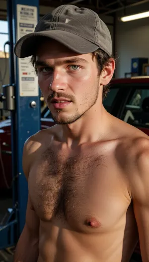 One sweaty young corn-fed brunette car mechanic worker boy with lean muscular builds, punk-type rugged handsome face with natural contours, hairy face and very hairy body, natural lips, expressive emerald eyes, natural even teeth, fully nude, wearing a faded baseball cap, sun-kissed skin, standing in a car repair Shop. Insanely detailed and realistic foto, warm sunset light casting long shadows in the garage, raw boy intimacy