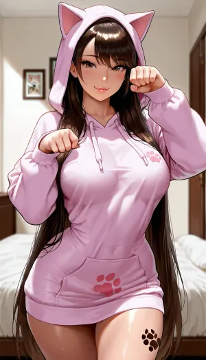 (photo realistic), (masterpiece), (high resolution), Latina mixed race, mid 30s, slender with curves, narrow face, tattoos, natural medium perky breasts, ((excessively long hair)), ((hyper long hair)), ((hair goes past her waist)), wearing a plain baggy oversized hoodie, hoodie dress, hoodie has cat ears on hood, hoodie has extra long sleeves that go over her hands, bottomless, playful look on face, ((kawaii cat paw pose)), bending over in bedroom, view from behind