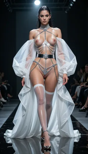 8k hyper-realistic haute couture runway photograph. A dark, liquid-mirror catwalk. A woman walks with an insolent, predatory gait, embodying a total 'naked-couture' exhibition. She wears a monumental negligee of sheer, pleated white silk chiffon with immense, billowing sleeves, worn completely open and draped low on her arms to frame her entire front. Underneath, her body is revealed through a scandalous 'skeletal' harness made of transparent monofilament and microscopic silver chains. The piece features a radical 'V-cut' anatomical engineering, the silver chains trace the groin lines and pelvic bones, intentionally leaving the labia and the entire pubic area completely naked and center-stage, fully exposed without any mesh or lace. The breasts are equally exposed, framed by the same silver filaments. A sophisticated silk garter belt with silver hardware holds up back-seamed stockings so sheer they are invisible. On her feet, 14cm needle-thin stilettos in polished chrome. Her hair is a high-fashion, wet-look structural updo. The lighting is brutal, a cold, clinical overhead spotlight carves her anatomy with surgical precision, creating brilliant highlights on the silver chains and making the moisture and texture of the pubic area glow with high-definition radiance. Low-angle shot from the end of the runway, 85mm lens, f/1.2. Razor-sharp focus on the anatomical exposure and the contrast between the royal silk volume and the raw, sophisticated nudity.
