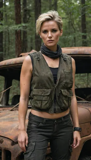 score_9, score_8_up, score_7_up, small breasts, freckles, updo hair, short hair, blonde hair, Inka_M, solo, (mature female:1.3), dynamic angle, serious, makeup, surprise expression, attractive woman, rebel warrior, wearing a torn olive green tactical vest over a black mesh top, dark cargo pants with straps and pockets, fingerless leather gloves, bandana around the neck, charcoal smudge on cheeks, standing in a forest clearing, abandoned rusty vehicle in background, high contrast, cinematic lighting, realistic fabric folds and dirt textures, masterpiece, vibrant colors, <lora:xl_more_art-full_v1:.8>