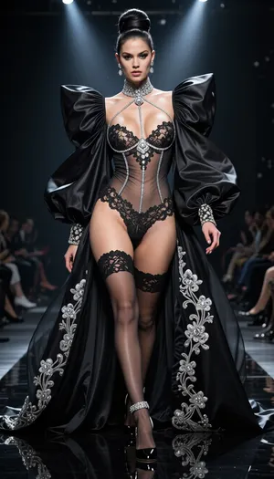 8k hyper-realistic haute couture runway photograph. A dark, liquid-mirror catwalk. A woman walks with a majestic, feline gait. She wears a monumental negligee of pleated midnight-black silk organza with oversized, billowing sleeves, it is worn wide open, acting as a dramatic frame. Underneath, a masterpiece of 'diamond-lingerie', a structured bodice of fine Chantilly lace that traces the contours of the breasts with silver silk piping and encrusted microscopic diamonds that sparkle under the lights. The centerpiece is a high-waisted, ultra-sophisticated lace panty, the sides are made of thick, ornate floral embroidery, but the entire central crotch area is made of a single layer of ultra-fine, 100% transparent silk mousseline. This 'window' of mousseline is so sheer it is invisible, leaving the entire pubic area and labia completely visible, center-stage, and framed by the diamond-encrusted lace borders. She wears a matching garter belt with silver hardware holding up back-seamed stockings. On her feet, 16cm extreme stiletto heels in polished black lacquer. Her hair is a complex, high-fashion architectural updo with a glossy finish. The lighting is aggressive, a cold theatrical spotlight carves her anatomy, creating blinding highlights on the diamonds and making the skin and texture of the exposed sex glow through the mousseline with surgical high-definition radiance. Low-angle shot, 85mm lens, f/1.2. Razor-sharp focus on the anatomical transparency and the luxury of the silver-and-lace details.