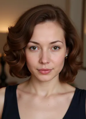 Ultra-detailed photorealistic portrait of a mature European woman, age 45–50, with long vertical facial proportions, subtle asymmetry, intelligent academic appearance, and emotionally observant gaze. Narrow elongated oval face, visually “pulled downward” rather than wide. High forehead, relatively flat cheekbones without glamorous volume, soft narrow jawline, small rounded chin. Face length noticeably greater than width, creating a refined intellectual silhouette rather than a fashion-model look. Fair neutral-warm skin with realistic mature texture, soft pores, faint under-eye folds, visible nasolabial structure, natural age lines, authentic mature beauty. Medium-sized hazel eyes with brown-green tones, slightly rounded in the center rather than sharply almond-shaped. Eyes deeply expressive, focused, thoughtful, slightly tired, with psychological intensity. Heavy upper eyelids, low brow placement, visible upper lid weight. Outer eye corners only subtly lifted. Eyes spaced naturally at approximately one eye width. Medium-thick natural eyebrows with soft angular arches, positioned relatively low above the eyes, reinforcing a concentrated intellectual expression. Long straight nose with narrow upper bridge and refined structure. Nose slightly longer than average facial proportion, bridge thin near the radix, softly rounded nasal tip, compact nostrils. Inner eye corners align closely with outer nostril edges. Lips are highly characteristic, thin upper lip, noticeably fuller lower lip, soft muted berry or natural rose tones. Slightly downturned mouth corners create a restrained serious expression. Mouth width moderate, not wide. Moderate philtrum length. Strong vertical tension between nose, lips, and chin contributes to recognizable facial identity. Thick chestnut-brown hair with warm copper undertones, styled in naturally voluminous curls or soft waves. Hair volume concentrated around temples and sides of the face, creating a recognizable rounded silhouette around the head. Chin-length or shoulder-length layered curly bob. Expression calm, analytical, introspective, emotionally intelligent, slightly severe but warm underneath. Looks like a psychologist, writer, professor, documentary filmmaker, or public intellectual rather than a celebrity or fashion model. Cinematic editorial realism, highly detailed facial anatomy, authentic mature proportions, natural soft lighting, realistic skin texture, shallow depth of field, 85mm lens, subtle shadows, photorealistic, no glamour retouching, no exaggerated beauty styling, no perfect symmetry.