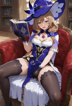 masterpiece, best quality, highres, detailed, 1woman, (lisa_, (genshin_impact), , :1.3), genshin_impact, <lora:lishax_xl:1.3>, mature, (skinny body:1.3), (small chest:1.1), (fully dressed:1.5), (full official clothes:1.5), detailled clothes, sitting on armchair, one hand reading book, watching the book, one hand masturbating pose, (legs apart:1.1), open mouth moaning expression, full body, ground view, slightly turned, monstdatd library background, detailed background, 3D anime style, genshin impact style, cel shading, in-game cinematic, vibrant color
