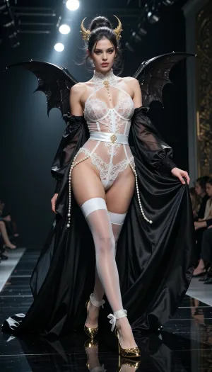 8k avant-garde haute couture runway photograph. A dark, mirror-polished catwalk under theatrical spotlights. A woman with a dual 'Angel and Demon' aura walks with an insolent, predatory grace. She wears a masterpiece of provocative lingerie, a skeletal corset made of ultra-fine white silk thread and transparent tulle, completely revealing her breasts through a microscopic floral lace that looks like frost on skin. A wide, matching white silk garter belt with dangling pearl strands holds up sheer, thigh-high stockings. On her feet, vertiginous 12cm gold-mirrored stilettos with razor-sharp heels and delicate silk ankle ties, reflecting the floor's light. Draped over her is a monumental, floor-sweeping black silk organza negligee that billows like dark wings, creating a stark contrast with the white lingerie beneath. Her hair is a sophisticated editorial masterpiece, a towering, sculpted updo mixed with loose, ethereal strands, adorned with gold filigree. The lighting is brutal, a cold overhead beam carves her figure, creating sharp highlights on the gold heels and making the transparent white lace glow against her skin. Low-angle shot, 85mm lens, f/1.8, razor-sharp focus on the lace texture, the skin's radiance, and the lethal elegance of the heels. A palette of blinding white, obsidian black, and polished gold. Pure, breathtaking provocation.