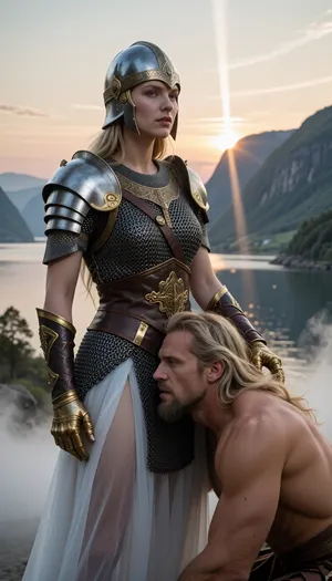 Cinematic 8k shot. Majestic Scandinavian fjord at dawn. A tall, slender Valkyrie with a regal and vertical silhouette. She wears a fine, intricate hauberk of dark steel chainmail, (mail armor), over a tunic, with ornate gold-trimmed leather and bronze bracers. Her Vendel helmet is authentic, with detailed silver and gold inlays. Her gaze is cold and distant, slightly tilted upward in a state of divine detachment. Her slender, golden-gauntleted hand rests firmly on the head of a kneeling warrior. The warrior is a massive, powerful colossus with long wild blonde hair and a rugged beard, despite his raw physical strength, he is spiritually overwhelmed by her presence, looking up with solemnity. The sun, low on the horizon, is positioned directly behind her head, creating sharp, vertical light streaks and aggressive metallic glints on the chainmail links, with strictly no circular halos or religious symbols. Her lower body is veiled in a thick, translucent white ground fog. 35mm lens, f/5.6, extreme high contrast, focus on the texture of the mail and the cold, transcendental grace of the goddess.