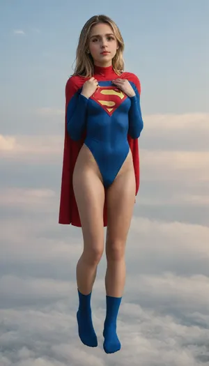 full body image of a flying, beautiful Supergirl flat, chested, <lora:flat_chested_v3.5:.8>, <lora:ahxl_v1:.8>, DCEU, Supergirl, <lora:Supergirl:.8>, trimmed pubic hair, <lora:FD_XL_ENF:.8>, loemba, blueche, (with, blushing, cheeks:1), covche, covering, her, cheek, with, right, hand, covmou, mouth, looking, embarrassed, <lora:EmbarrassedBlushing.1.0:.8>, small hips, thigh gap.
Flying through the sky in the clouds.