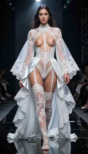 8k hyper-realistic haute couture runway photograph. A dark, liquid-mirror catwalk. A woman walks with a majestic, insolent gait. She is wearing an ultra-sophisticated white silk negligee made of tiered, translucent pleated chiffon with wide, bell-shaped lace sleeves, the negligee is draped open, flowing behind her. Underneath, her body is covered by a masterpiece of 'anatomical lace', a high-waisted white silk garter belt, (porte-jarretelles), and stockings set with intricate floral Chantilly embroidery. The lingerie is engineered with a radical 'open-seam' concept, a vertical slit of total transparency, made of invisible 'illusion tulle', runs from the center of the chest down to the crotch. This slit is bordered by thick, ornate white lace, creating a deliberate 'window' that leaves the breasts and the entire pubic area—including the labia—completely bare and center-stage, framed by the intricate white threads. The rest of her hips and legs are covered in delicate lace and silk straps, creating a complex 'naked-habillé' texture. The lighting is clinical, a cold overhead spotlight highlights the microscopic threads of the lace while making the skin and the texture of the exposed sex glow with surgical high-definition radiance. Low-angle shot, 85mm lens, f/1.2. Razor-sharp focus on the contrast between the heavy floral lace and the raw, sophisticated nudity of the central anatomical exposure. Hyper-realistic textures of silk, skin, and moisture.