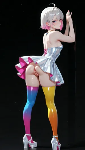 black background, style neon painted, petite body, in full height, stands in a pose, random color short cute dress, 1girl, solo, height exactly 132 centimeters, small detailed bust, small_breast, bangs, short hair, necklace with a heart, earrings, manicure, pedicure, light makeup, pale skin, transparent high-platform shoes with stilettos, random color stockings, love juice flows from the anus, the vagina is slightly open, the anus is large