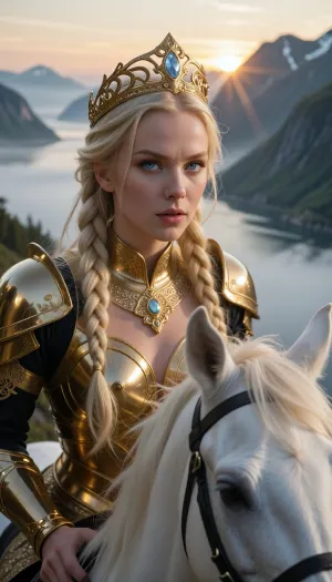 8k hyper-realistic cinematic portrait. A medium-shot of a stunningly beautiful blonde Valkyrie with porcelain skin and piercing ice-blue eyes, riding her white stallion as they soar above a foggy Scandinavian fjord. Her face is a masterpiece of classical beauty, with high cheekbones and a fierce, divine expression, captured in sharp detail. She wears an ornate, high-gloss golden tiara and divine golden armor that scintillates with a warm, celestial glow. The rising sun hits her face, creating a soft, golden radiance on her skin and making her long, braided blonde hair shimmer. The background shows the misty peaks of the fjord and the sunrise breaking through the fog in a soft bokeh blur, keeping the focus entirely on her face and the horse's head. Divine volumetric lighting, 'God rays' highlighting the texture of the gold and the fine details of her features. 50mm lens, f/1.8, razor-sharp focus on the eyes. High-fashion mythological aesthetic, ethereal and powerful.