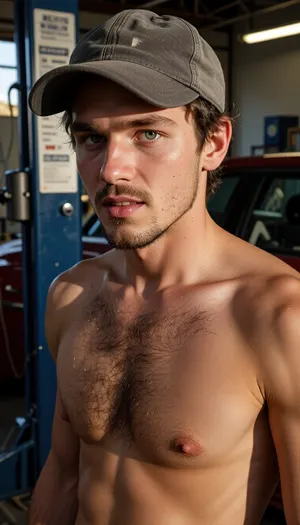 One sweaty young corn-fed brunette car mechanic worker boy with lean muscular builds, punk-type rugged handsome face with natural contours, hairy face and very hairy body, natural lips, expressive emerald eyes, natural even teeth, fully nude, wearing a faded baseball cap, sun-kissed skin, standing in a car repair Shop. Insanely detailed and realistic foto, warm sunset light casting long shadows in the garage, raw boy intimacy