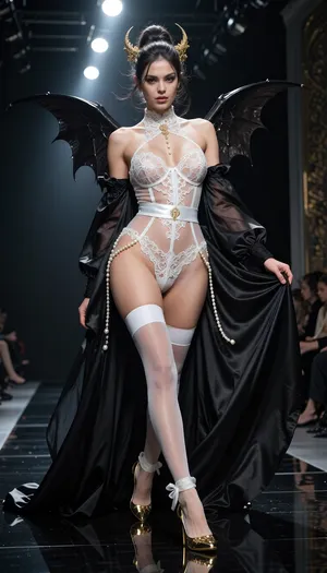 8k avant-garde haute couture runway photograph. A dark, mirror-polished catwalk under theatrical spotlights. A woman with a dual 'Angel and Demon' aura walks with an insolent, predatory grace. She wears a masterpiece of provocative lingerie, a skeletal corset made of ultra-fine white silk thread and transparent tulle, completely revealing her breasts through a microscopic floral lace that looks like frost on skin. A wide, matching white silk garter belt with dangling pearl strands holds up sheer, thigh-high stockings. On her feet, vertiginous 12cm gold-mirrored stilettos with razor-sharp heels and delicate silk ankle ties, reflecting the floor's light. Draped over her is a monumental, floor-sweeping black silk organza negligee that billows like dark wings, creating a stark contrast with the white lingerie beneath. Her hair is a sophisticated editorial masterpiece, a towering, sculpted updo mixed with loose, ethereal strands, adorned with gold filigree. The lighting is brutal, a cold overhead beam carves her figure, creating sharp highlights on the gold heels and making the transparent white lace glow against her skin. Low-angle shot, 85mm lens, f/1.8, razor-sharp focus on the lace texture, the skin's radiance, and the lethal elegance of the heels. A palette of blinding white, obsidian black, and polished gold. Pure, breathtaking provocation.