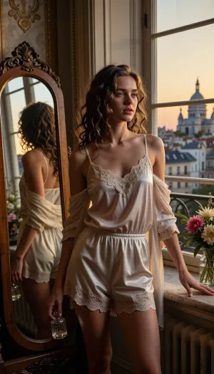 "8k cinematic photograph. An elegant, high-ceilinged period room filled with voluminous golden sunset light. A young woman with loose wavy curls stands centered, wearing loose silk shorts and a lace-trimmed tank top, one strap has slipped off her shoulder with poetic grace. An open, sheer silk negligee is draped over her shoulders. Beside her, a vintage cheval mirror, (psyché), reflects her profile. She holds a small, elegant perfume bottle in one hand, her other hand resting on a windowsill with exotic flowers. Through the window, the zinc-topped skyline of Montmartre and the Sacré-Cœur are distinct against an amber dusk sky. Calm, pensive expression. Poetic atmosphere with soft shadows highlighting sharp textures of skin, silk, and lace. Shot from a medium distance on 85mm lens, shallow depth of field with a softly blurred Parisian background. Muted pastel palette, dominant golden hues, high-fidelity detail."