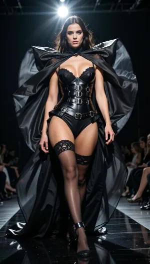 8k haute couture runway photograph. A provocative, high-fashion atmosphere. A stunning woman walks with a fierce, confident gait down a dark, reflective catwalk. She wears an explosive ensemble of black architectural lingerie, a sheer lace corset, daringly high-cut silk panties, and intricate lace-topped stockings held by a sophisticated, multi-strap leather garter belt with silver buckles. Over her shoulders, a massive, flowing sheer silk negligee billows like a dark cloud, catching the harsh spotlight. The lighting is dramatic and theatrical, a powerful overhead spotlight carves her muscles and curves, creating blinding highlights on the silk and deep, pitch-black shadows. The camera is low-angle, looking up to emphasize her powerful presence. Shot with an 85mm lens, f/2.8, for razor-sharp focus on the glint of the garter buckles and the fine mesh of the stockings. Intense, saturated atmosphere. High-fidelity textures of skin, leather, and fine lace. Palette of deep midnight black, silver flashes, and warm amber skin tones. Pure provocation and breathtaking detail.