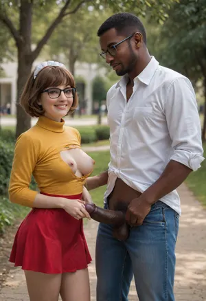 an African man and Velma stand next to each other in a park, the African man is in jeans and shirt, African man has his pants down, his hands are on his big black cock, Velma is much smaller than the man, has huge tits and very torn clothes with holes, very short skirt, tits are visible, the African man is smiling at Velma. we see the whole body of the African man, woman, maid, <lora:PetiteNymphet_SDXL_v1.0:1.5>, <lora:xl_cute_maid_dress-1.0:.8>
