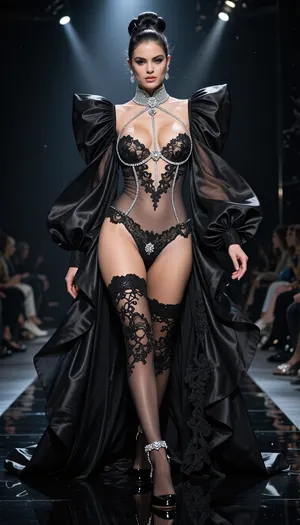 8k hyper-realistic haute couture runway photograph. A dark, liquid-mirror catwalk. A woman walks with a majestic, feline gait. She wears a monumental negligee of pleated midnight-black silk organza with oversized, billowing sleeves, it is worn wide open, acting as a dramatic frame. Underneath, a masterpiece of 'diamond-lingerie', a structured bodice of fine Chantilly lace that traces the contours of the breasts with silver silk piping and encrusted microscopic diamonds that sparkle under the lights. The centerpiece is a high-waisted, ultra-sophisticated lace panty, the sides are made of thick, ornate floral embroidery, but the entire central crotch area is made of a single layer of ultra-fine, 100% transparent silk mousseline. This 'window' of mousseline is so sheer it is invisible, leaving the entire pubic area and labia completely visible, center-stage, and framed by the diamond-encrusted lace borders. She wears a matching garter belt with silver hardware holding up back-seamed stockings. On her feet, 16cm extreme stiletto heels in polished black lacquer. Her hair is a complex, high-fashion architectural updo with a glossy finish. The lighting is aggressive, a cold theatrical spotlight carves her anatomy, creating blinding highlights on the diamonds and making the skin and texture of the exposed sex glow through the mousseline with surgical high-definition radiance. Low-angle shot, 85mm lens, f/1.2. Razor-sharp focus on the anatomical transparency and the luxury of the silver-and-lace details.