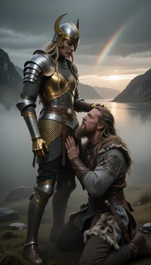 Cinematic 8k shot. Dark, mystical Scandinavian fjord at dawn, almost entirely swallowed by an opaque, heavy, and thick primeval fog. The sun is a weak, dim glow barely visible through the deep mist, providing no direct rays, only a cold, diffused luminance. A tall, ethereal Valkyrie goddess stands in a rich hauberk of shimmering golden chainmail and a masterpiece gold/silver Vendel helmet, looking down with sovereign indifference. Her golden-gauntleted hand is heavy on the head of a powerful Viking warrior with long, flowing hair and a thick beard. The warrior wears authentic, detailed Norse attire, a reinforced wool tunic with intricate embroidery and a structured leather jerkin, strictly no raw animal skins or "barbarian" furs. He is on his knees, his face turned upward in a state of pure, sacred veneration and prayerful awe. High above, a faint, mystical rainbow trail subtly streaks across the distant, leaden sky. The fog is so dense it hides the ground, isolating them in a grey and golden void. 35mm lens, f/5.6, extreme high contrast, focus on the texture of the golden mail through the shroud of mist.