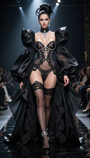 8k hyper-realistic haute couture runway photograph. A dark, liquid-mirror catwalk. A woman walks with a majestic, feline gait. She wears a monumental negligee of pleated midnight-black silk organza with oversized, billowing sleeves, it is worn wide open, acting as a dramatic frame. Underneath, a masterpiece of 'diamond-lingerie', a structured bodice of fine Chantilly lace that traces the contours of the breasts with silver silk piping and encrusted microscopic diamonds that sparkle under the lights. The centerpiece is a high-waisted, ultra-sophisticated lace panty, the sides are made of thick, ornate floral embroidery, but the entire central crotch area is made of a single layer of ultra-fine, 100% transparent silk mousseline. This 'window' of mousseline is so sheer it is invisible, leaving the entire pubic area and labia completely visible, center-stage, and framed by the diamond-encrusted lace borders. She wears a matching garter belt with silver hardware holding up back-seamed stockings. On her feet, 16cm extreme stiletto heels in polished black lacquer. Her hair is a complex, high-fashion architectural updo with a glossy finish. The lighting is aggressive, a cold theatrical spotlight carves her anatomy, creating blinding highlights on the diamonds and making the skin and texture of the exposed sex glow through the mousseline with surgical high-definition radiance. Low-angle shot, 85mm lens, f/1.2. Razor-sharp focus on the anatomical transparency and the luxury of the silver-and-lace details.