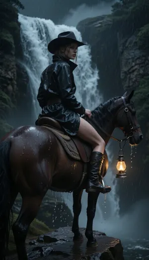 ultra photorealistic cinematic night scene in an almost completely black wilderness, a violent storm raging through steep cliffs and dense fog, a sexy female rider, 29 years old, (moves slowly along a narrow wet rock ledge while riding directly through the falling water of a massive waterfall:1.4), mist and spray, the sheer force of the waterfall visible in wave of vapor, thick fog and drifting mist filling the air and swallowing most of the environment in darkness, the only visible light source a tiny oil lamp hanging beneath her detailed hand, suspended by a small metal handle and swinging softly with the horse’s movement, its weak golden glow barely cutting through the darkness and rain, creating dramatic reflections on soaked leather, wet skin and dripping fabric, her wide brimmed cowboy hat saturated with water, rain running from the edges continuously, her high collared raincoat clinging heavily to her body, every texture rendered with extreme realism, soaked fabric fibers, scratched leather, tarnished buckles and wet horsehair visible in fine detail, her face illuminated only partially by the lamp, revealing sharp eyes, defined nose, wet lips and an intense calm expression with subtle restrained emotion, the horse muscular and tense beneath her, water streaming across its back and saddle, ultra dark low light atmosphere, deep blacks, cinematic contrast, analog 35mm film aesthetic, shallow depth of field, heavy film grain, raw mystical realism, masterpiece composition