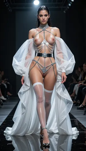 8k hyper-realistic haute couture runway photograph. A dark, liquid-mirror catwalk. A woman walks with an insolent, predatory gait, embodying a total 'naked-couture' exhibition. She wears a monumental negligee of sheer, pleated white silk chiffon with immense, billowing sleeves, worn completely open and draped low on her arms to frame her entire front. Underneath, her body is revealed through a scandalous 'skeletal' harness made of transparent monofilament and microscopic silver chains. The piece features a radical 'V-cut' anatomical engineering, the silver chains trace the groin lines and pelvic bones, intentionally leaving the labia and the entire pubic area completely naked and center-stage, fully exposed without any mesh or lace. The breasts are equally exposed, framed by the same silver filaments. A sophisticated silk garter belt with silver hardware holds up back-seamed stockings so sheer they are invisible. On her feet, 14cm needle-thin stilettos in polished chrome. Her hair is a high-fashion, wet-look structural updo. The lighting is brutal, a cold, clinical overhead spotlight carves her anatomy with surgical precision, creating brilliant highlights on the silver chains and making the moisture and texture of the pubic area glow with high-definition radiance. Low-angle shot from the end of the runway, 85mm lens, f/1.2. Razor-sharp focus on the anatomical exposure and the contrast between the royal silk volume and the raw, sophisticated nudity.