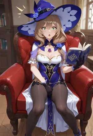 masterpiece, best quality, highres, detailed, 1woman, (lisa_, (genshin_impact), , :1.3), genshin_impact, <lora:lishax_xl:1.3>, mature, (skinny body:1.3), (small chest:1.1), (fully dressed:1.5), (full official clothes:1.5), detailled clothes, sitting on armchair, one hand reading book, looking at the viewer, one hand masturbating pose, (legs apart:1.1), (surprised expression:1.5), full body, high view, slightly side turned, monstdatd library background, detailed background, 3D anime style, genshin impact style, cel shading, in-game cinematic, vibrant color