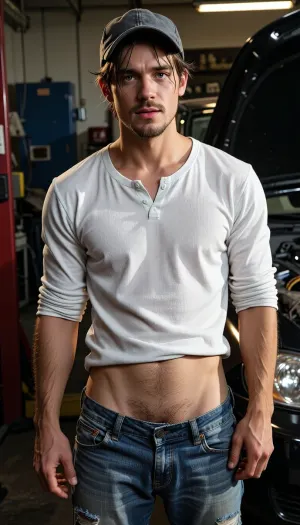 One sweaty young corn-fed brunette car mechanic worker boy, 30yo, with lean muscular builds, punk-type rugged handsome face with natural contours, hairy face and very hairy body, natural lips, expressive emerald eyes, natural even teeth, wearing a white long-sleave shirt and faded loose blue jeans, buttoned, and a faded baseball cap, sun-kissed skin, standing in a car repair Shop. Insanely detailed and realistic foto, warm sunset light casting long shadows in the garage, raw boy intimacy