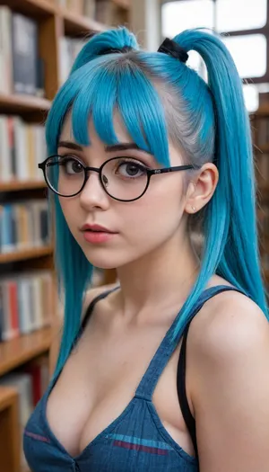 Senpai, Nerdy girl, round glasses, sexy mini dress, showing much cleavage, library, blue hair, long ponytail, long fringes, bangs, bob, thigh, side view, large bright eyes, maximum details, funny expression