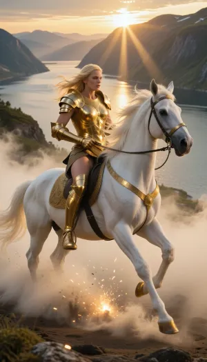 8k hyper-realistic cinematic masterpiece. A medium-wide shot of a divine blonde Valkyrie in shimmering golden armor, riding a powerful white stallion that is galloping with explosive energy directly on top of a thick layer of morning fog. The horse's posture is dynamic and fierce, neck arched, muscles rippling under its glowing white coat, and hooves captured mid-stride in a powerful gallop, kicking up swirling clouds of mist as if it were solid ground. Beneath its golden shoes, the fog ignites with sparks of divine light at every impact. The scene is set above a deep Scandinavian fjord at sunrise, the golden light of the sun hits the horse's flank and the Valkyrie's armor, creating brilliant specular highlights. Her long blonde hair and the horse's thick mane flow backward, emphasizing the incredible speed. Volumetric lighting, 'God rays' piercing through the golden mist, high-definition textures of sweat, fur, and polished gold. 35mm lens, f/2.8, motion blur on the background to enhance the sense of galloping velocity. Epic mythological scale, majestic and breathtaking.