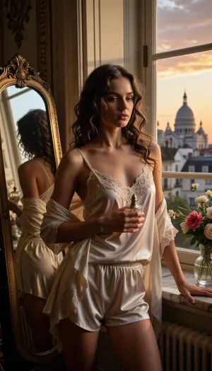 "8k cinematic photograph. An elegant, high-ceilinged period room filled with voluminous golden sunset light. A young woman with loose wavy curls stands centered, wearing loose silk shorts and a lace-trimmed tank top, one strap has slipped off her shoulder with poetic grace. An open, sheer silk negligee is draped over her shoulders. Beside her, a vintage cheval mirror, (psyché), reflects her profile. She holds a small, elegant perfume bottle in one hand, her other hand resting on a windowsill with exotic flowers. Through the window, the zinc-topped skyline of Montmartre and the Sacré-Cœur are distinct against an amber dusk sky. Calm, pensive expression. Poetic atmosphere with soft shadows highlighting sharp textures of skin, silk, and lace. Shot from a medium distance on 85mm lens, shallow depth of field with a softly blurred Parisian background. Muted pastel palette, dominant golden hues, high-fidelity detail."