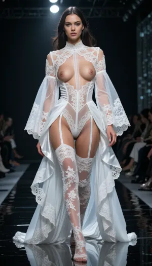 8k hyper-realistic haute couture runway photograph. A dark, liquid-mirror catwalk. A woman walks with a majestic, insolent gait. She is wearing an ultra-sophisticated white silk negligee made of tiered, translucent pleated chiffon with wide, bell-shaped lace sleeves, the negligee is draped open, flowing behind her. Underneath, her body is covered by a masterpiece of 'anatomical lace', a high-waisted white silk garter belt, (porte-jarretelles), and stockings set with intricate floral Chantilly embroidery. The lingerie is engineered with a radical 'open-seam' concept, a vertical slit of total transparency, made of invisible 'illusion tulle', runs from the center of the chest down to the crotch. This slit is bordered by thick, ornate white lace, creating a deliberate 'window' that leaves the breasts and the entire pubic area—including the labia—completely bare and center-stage, framed by the intricate white threads. The rest of her hips and legs are covered in delicate lace and silk straps, creating a complex 'naked-habillé' texture. The lighting is clinical, a cold overhead spotlight highlights the microscopic threads of the lace while making the skin and the texture of the exposed sex glow with surgical high-definition radiance. Low-angle shot, 85mm lens, f/1.2. Razor-sharp focus on the contrast between the heavy floral lace and the raw, sophisticated nudity of the central anatomical exposure. Hyper-realistic textures of silk, skin, and moisture.