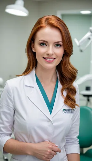 Beautiful female dentist, professional and confident. Slim and elegant build, fair skin, expressive bright green eyes, neatly styled redhead hair tied back, large bimbo breasts. Wearing a clean white dental coat with name tag, and gloves. Standing in a modern dental clinic with bright lights, dental chair, and equipment in the background. Ultra-realistic modern photography style, highly detailed, bright and clean lighting, professional and approachable atmosphere.