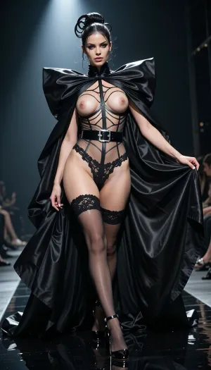 8k avant-garde haute couture runway photograph. A dark, liquid-mirror catwalk. A woman walks with a majestic, insolent gait, embodying the 'naked yet dressed' paradox. She wears a masterpiece of conceptual lingerie, a skeletal corset made of invisible skin-tone tulle and ultra-thin black silk 'veins' that trace and frame her breasts without covering them, creating a breathtaking illusion of artistic nudity. A sophisticated, wide black lace garter belt with sterling silver buckles cinches her waist, holding up sheer, back-seamed stockings. On her feet, lethal 12cm black lacquer stilettos with needle-thin silver heels. The centerpiece is the negligee, a monumental, floor-sweeping cloak of heavy, pleated black silk organza that she holds open with a deliberate, slow gesture as she walks. The sheer volume of the dark fabric billows around her, creating a frame of shadows that makes her exposed, luminous skin and the delicate white lace details pop. Her hair is a masterpiece of architectural sophistication, a high-fashion, wet-look structural updo with sharp, polished waves. The lighting is brutal and theatrical, a cold, powerful overhead beam carves her contours, creating high-contrast highlights on her skin and the liquid sheen of the organza. Low-angle shot, 85mm lens, f/1.8. Razor-sharp focus on the 'veins' of the corset, the glint of the silver hardware, and the dangerous curve of the heels. Pure, sophisticated provocation.