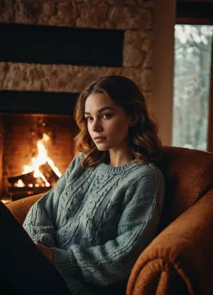 RetroA photorealistic portrait of a young woman with wavy, shoulder-length light brown hair, sitting relaxed in a large, soft brown armchair. She is wearing a chunky-knit sweater with a distinct texture. Her expression is calm and slightly melancholic, her gaze directed at the viewer. Behind her is a large fireplace with a brightly burning fire, visible flames, and logs. Warm golden light illuminates her face. To the right is a window with soft, natural, overcast daylight and a blurred view of the trees outside. A cozy, intimate atmosphere, cinematic lighting, a strong contrast between the warm light of the fire and the cool daylight, highly detailed textures, realistic fabrics and stone, shallow depth of field, photorealism