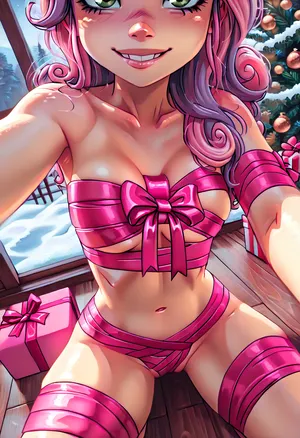 ((Sweetie Belle from Equestria Girls)), Melkor Mancin, Jack Cayless, kneeling on floor, smirk, athletic and slim, impregnated, mini waist, close up selfie, (pink gift ribbions tightly wrapping chest diagonally:1.5), nude, heavy enhanced sagging breasts, massive loose open pussy, visible womb, extreme big window, Christmas time, Christmas tree, snow, winter, starry sky, moon, midnight, narrow angle shot, front-side view from above, (close up to face:1.3), face in view, Nouveau, solo, ///
Best quality, masterpiece, high resolution, high detail, perfect natural lighting, best shadow, best frame, dark theme, but, <lora:BUT_SDXL_SHS:2>