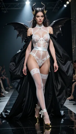 8k avant-garde haute couture runway photograph. A dark, mirror-polished catwalk under theatrical spotlights. A woman with a dual 'Angel and Demon' aura walks with an insolent, predatory grace. She wears a masterpiece of provocative lingerie, a skeletal corset made of ultra-fine white silk thread and transparent tulle, completely revealing her breasts through a microscopic floral lace that looks like frost on skin. A wide, matching white silk garter belt with dangling pearl strands holds up sheer, thigh-high stockings. On her feet, vertiginous 12cm gold-mirrored stilettos with razor-sharp heels and delicate silk ankle ties, reflecting the floor's light. Draped over her is a monumental, floor-sweeping black silk organza negligee that billows like dark wings, creating a stark contrast with the white lingerie beneath. Her hair is a sophisticated editorial masterpiece, a towering, sculpted updo mixed with loose, ethereal strands, adorned with gold filigree. The lighting is brutal, a cold overhead beam carves her figure, creating sharp highlights on the gold heels and making the transparent white lace glow against her skin. Low-angle shot, 85mm lens, f/1.8, razor-sharp focus on the lace texture, the skin's radiance, and the lethal elegance of the heels. A palette of blinding white, obsidian black, and polished gold. Pure, breathtaking provocation.