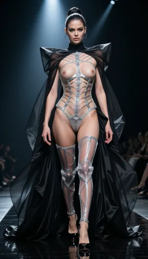 8k avant-garde haute couture runway photograph. A dark, high-gloss catwalk under aggressive, cold theatrical spotlights. A woman walks with a slow, predatory gait, embodying a scandalous 'total transparency' concept. She wears a conceptual masterpiece, a skeletal corset and garter system made of ultra-fine, transparent monofilament and silver silk 'veins' that trace the lines of her body without covering them. The garment is designed with a deliberate, total absence of fabric over the breasts and the pubic area, which are fully exposed and framed only by the architectural tension of the silver filaments and microscopic crystalline mesh. On her feet, 14cm stilettos in polished black lacquer with razor-thin steel heels. Over this, a monumental, floor-sweeping negligee of pleated midnight-black silk organza, worn completely open and billowing behind her like a dark translucent aura, acting as a massive frame for her luminous, entirely revealed silhouette. Her hair is a polished, high-fashion structural updo with a wet-look finish. The lighting is brutal, a sharp overhead beam carves her anatomy with surgical precision, creating blinding highlights on the silver threads and making her skin glow with a dewy, hyper-realistic radiance. Low-angle shot from the end of the runway, 85mm lens, f/1.4. Razor-sharp focus on the anatomical details, the texture of the skin, and the invisible tension of the silver filaments. A breathtaking statement of absolute, sophisticated provocation and high-end luxury nudity."