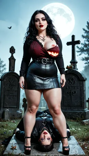 Score_9, score_8_or_above, score_7_or_above, masterpiece, best quality, maximum detail, natural lighting, extreme realism, large tombstone, (1 girl, 1 man), chubby girl, (plump, thin waist), gothic, 30 years old, perfect eyes, dark circles, rolling eyes, evil face, ((very long black hair)), wavy hair, large breasts, red lipstick, pentagram necklace, full body, (simple straight leather dress with a low neckline), one breast escaping from the neckline, exposed chest, skirt lifted, black platform shoes with heels, girl on top, vaginal sex, looking at the viewer, cemetery, crosses, tombstones, full moon, Bright, red, Intense..., Intense, gaze, Beauty, <lora:Stunning_eyes_2:.8>, <lora:Dead_Beauty:.8>