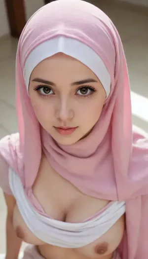 4k, soft light, masterpiece, best quality, highres, intense lighting, shallow depth of field, hentai manga drawing, anime style drawing, extremely detailed face, soft pink hiijab, scarf, undercap, soft cotton, nude upper body, huge sagging breasts, nipples, 1girl, southeast asian girl, beautiful, fair skin, glowing skin, standing, shot from above, forced perspective, white background, simple background
