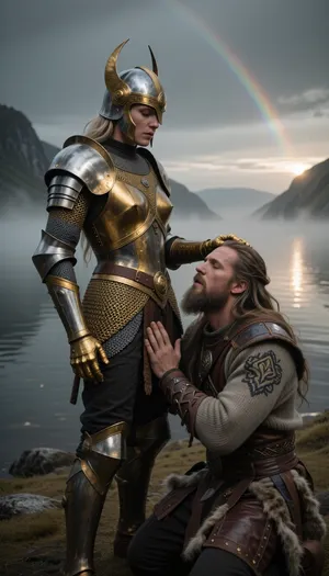 Cinematic 8k shot. Dark, mystical Scandinavian fjord at dawn, almost entirely swallowed by an opaque, heavy, and thick primeval fog. The sun is a weak, dim glow barely visible through the deep mist, providing no direct rays, only a cold, diffused luminance. A tall, ethereal Valkyrie goddess stands in a rich hauberk of shimmering golden chainmail and a masterpiece gold/silver Vendel helmet, looking down with sovereign indifference. Her golden-gauntleted hand is heavy on the head of a powerful Viking warrior with long, flowing hair and a thick beard. The warrior wears authentic, detailed Norse attire, a reinforced wool tunic with intricate embroidery and a structured leather jerkin, strictly no raw animal skins or "barbarian" furs. He is on his knees, his face turned upward in a state of pure, sacred veneration and prayerful awe. High above, a faint, mystical rainbow trail subtly streaks across the distant, leaden sky. The fog is so dense it hides the ground, isolating them in a grey and golden void. 35mm lens, f/5.6, extreme high contrast, focus on the texture of the golden mail through the shroud of mist.