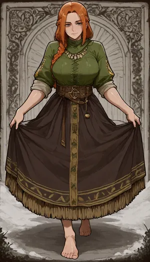 Markgavatino art style, Viking milf, freckled skin, athletic body, massive huge ginger braid, detailed beautiful face, Woolly rustic warm medieval dark grey long skirt with white fur fringe, medieval rustic button-up shirt, rolled up sleeves, high collar, traditional viking ornaments embroidered with red string, wide expensive embroidered belt, bare ankles, bare hands, barefoot, Wild green grassy spring plains with piles of snow background, northern landscape