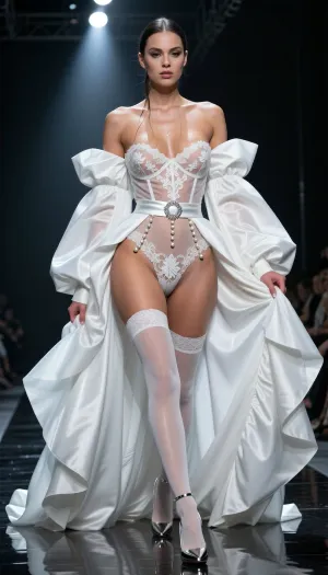8k high-fashion runway photograph. A dark, high-gloss catwalk under aggressive theatrical spotlights. A woman walks with a slow, predatory and insolent gait, embodying the 'Virgin and Whore' paradox. She wears a scandalous masterpiece of bridal-white couture lingerie, a sheer silk-thread corset so fine it is practically invisible, with intricate white floral embroidery strategically placed but leaving her breasts and nipples clearly visible through the transparent mesh. A wide, sophisticated white silk garter belt with dangling seed pearls and sterling silver clips holds up ultra-sheer white stockings with a delicate back seam. On her feet, lethal 13cm stilettos in polished silver chrome with razor-thin heels. The centerpiece is the negligee, a monumental, floor-sweeping cloak of heavy, pleated white silk chiffon that she holds wide open, billowing behind her like a collapsed parachute, framing her nearly naked, sun-kissed body in a cloud of white. Her hair is a masterpiece of sophisticated contradiction, a tight, polished high-fashion updo, but with several long, wet-look strands plastered to her neck and chest. The lighting is brutal, a cold, powerful overhead beam carves her silhouette, making the white lace glow with an almost radioactive intensity against her skin, creating deep, warm shadows in the folds of the chiffon. Low-angle shot, 85mm lens, f/1.8. Razor-sharp focus on the glint of the silver hardware, the microscopic lace detail, and the moisture on her skin. Pure, breathtaking, high-end provocation.