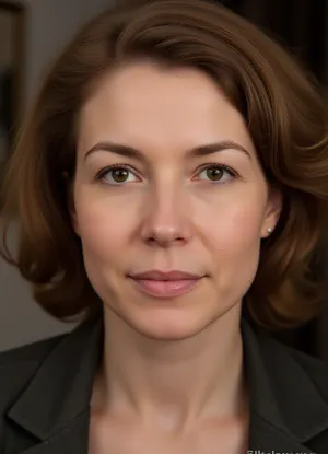 Ultra-detailed photorealistic portrait of a mature European woman, age 45–50, with long vertical facial proportions, subtle asymmetry, intelligent academic appearance, and emotionally observant gaze. Narrow elongated oval face, visually “pulled downward” rather than wide. High forehead, relatively flat cheekbones without glamorous volume, soft narrow jawline, small rounded chin. Face length noticeably greater than width, creating a refined intellectual silhouette rather than a fashion-model look. Fair neutral-warm skin with realistic mature texture, soft pores, faint under-eye folds, visible nasolabial structure, natural age lines, authentic mature beauty. Medium-sized hazel eyes with brown-green tones, slightly rounded in the center rather than sharply almond-shaped. Eyes deeply expressive, focused, thoughtful, slightly tired, with psychological intensity. Heavy upper eyelids, low brow placement, visible upper lid weight. Outer eye corners only subtly lifted. Eyes spaced naturally at approximately one eye width. Medium-thick natural eyebrows with soft angular arches, positioned relatively low above the eyes, reinforcing a concentrated intellectual expression. Long straight nose with narrow upper bridge and refined structure. Nose slightly longer than average facial proportion, bridge thin near the radix, softly rounded nasal tip, compact nostrils. Inner eye corners align closely with outer nostril edges. Lips are highly characteristic, thin upper lip, noticeably fuller lower lip, soft muted berry or natural rose tones. Slightly downturned mouth corners create a restrained serious expression. Mouth width moderate, not wide. Moderate philtrum length. Strong vertical tension between nose, lips, and chin contributes to recognizable facial identity. Thick chestnut-brown hair with warm copper undertones, styled in naturally voluminous curls or soft waves. Hair volume concentrated around temples and sides of the face, creating a recognizable rounded silhouette around the head. Chin-length or shoulder-length layered curly bob. Expression calm, analytical, introspective, emotionally intelligent, slightly severe but warm underneath. Looks like a psychologist, writer, professor, documentary filmmaker, or public intellectual rather than a celebrity or fashion model. Cinematic editorial realism, highly detailed facial anatomy, authentic mature proportions, natural soft lighting, realistic skin texture, shallow depth of field, 85mm lens, subtle shadows, photorealistic, no glamour retouching, no exaggerated beauty styling, no perfect symmetry.