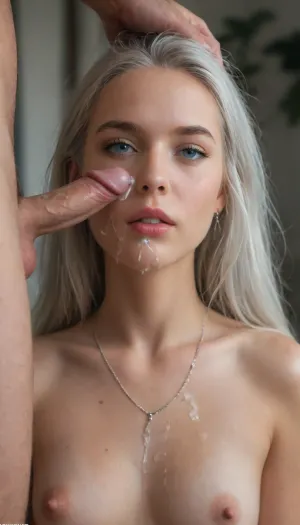 petite, sexy female, ultra realism, 4k, ultra high definition, silver haired, small dick, he forces his penis in her, (ultra realistic:1.8), woman, cum, on, face, <lora:JustCum:1.4>
