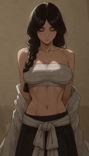 Markgavatino art style, front view, Retsu Unohana, (Bleach), athletic body, medium breasts, braid, peacefully closed eyes, head turned down, hands resting on her midriff, chestwraps tube top